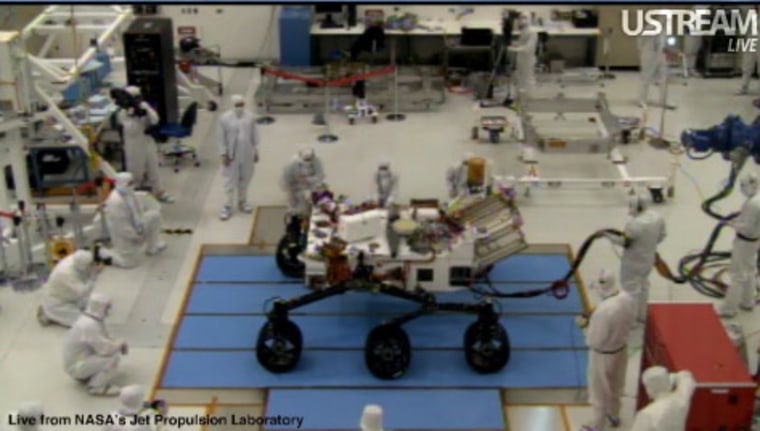 Image: Six-wheeled Mars rover Curiosity in a clean room