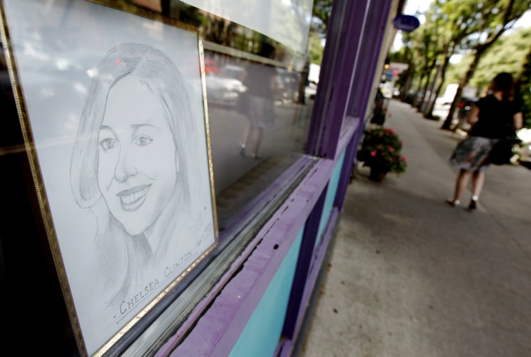 Image: A drawing of Chelsea Clinton is seen through the window of Pete's restaurant in Rhinebeck, New York