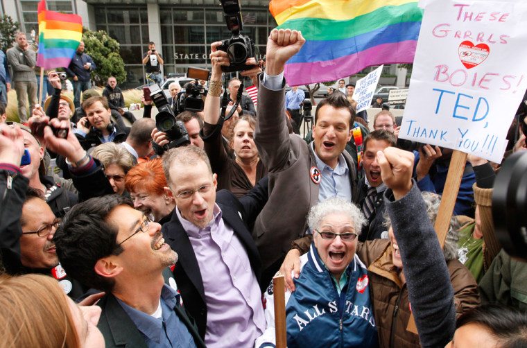 Image: Opponents of Proposition 8 cheer after hearing the decision in the United States District Court proceedings