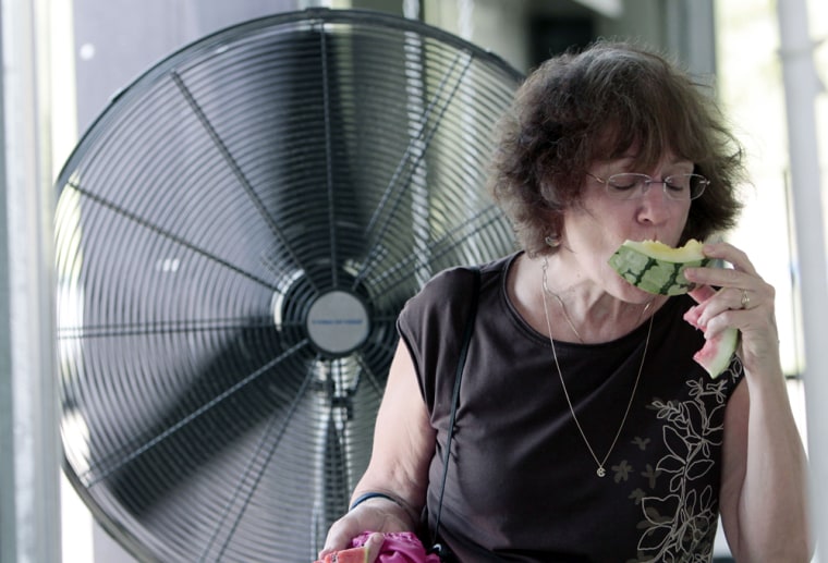 Image: Carol Taff of Jackson, Miss., takes advantage of a floor fan to stay cool