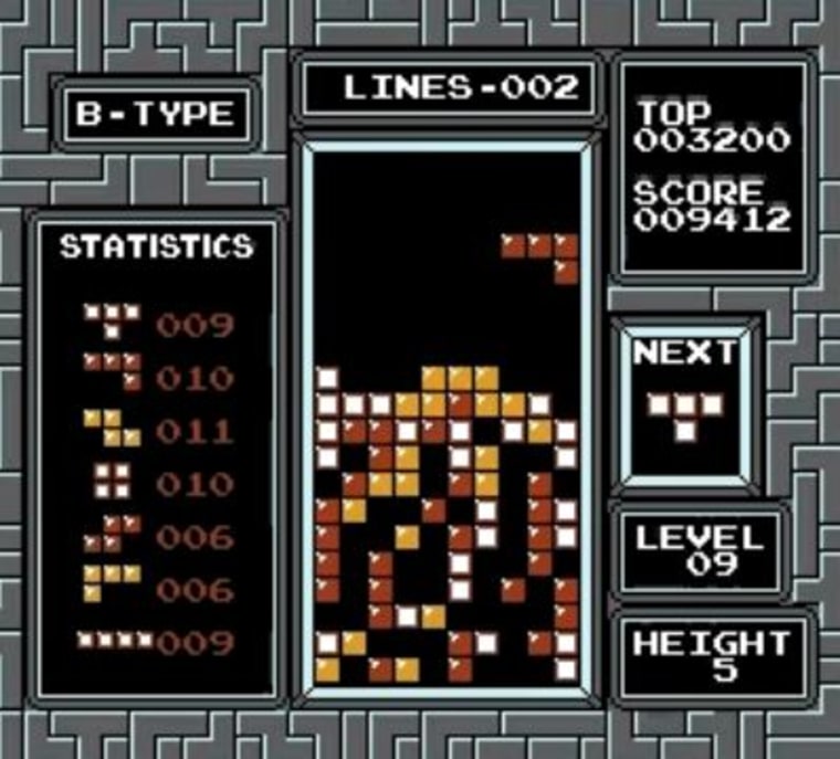 The Tetris video game requires players to fit geometric shapes into a puzzle pattern as they fall down the screen.