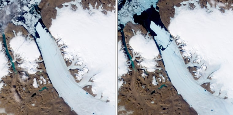 Image: A giant ice island, seen in image at right, has broken off the Petermann Glacier