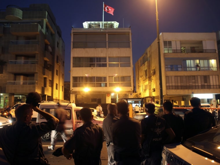 Image: Israeli police officers stand outside the Turkish embassy in Tel Aviv