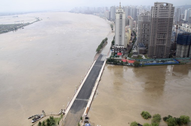 Image: A view of the rising waters of the Yalu River near the Chinese border city of Dandong, Liaoning province