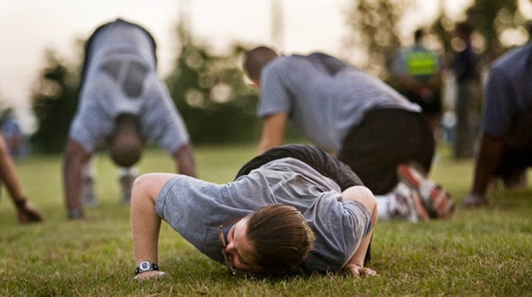 U.S. Army recruits do push-ups during basic training at Fort Jackson in South Carolina.