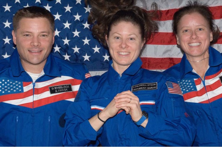 Image: American astronauts Doug Wheelock, Tracy Caldwell Dyson and Shannon Walker