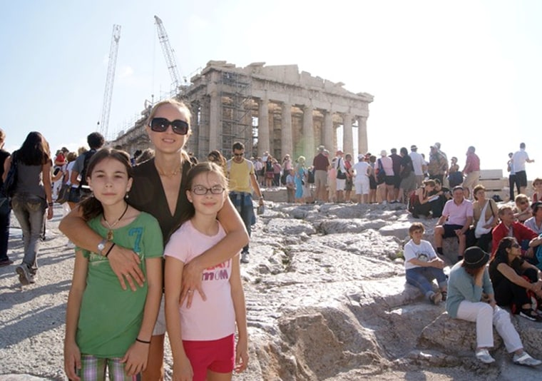 The twins and I in front of the Parthenon atop the Acropolis in Greece.
