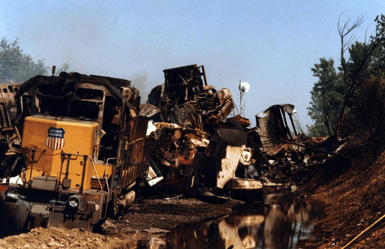 In 1997, an engineer nodded off at the controls of a train outside of Delia, Kan., according to a National Transportation Safety Board investigation. The train hit the side of an oncoming train at about 70 mph. (NTSB Photo)