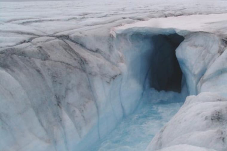Melt water flows into the Greenland ice sheet. From there the water eventually makes its way to sea.