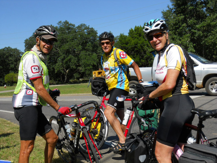 Roger Grooters, left, with cyclists Norb and Ann Bagley on Oct. 3. Regarding the day’s ride, Roger said, “We left Ocean Springs, MS at 8:45 AM on another beautiful day. Last night I was not feeling good and was not sure how far I could bike today, but after a slow begining I started feeling strong again, ending the day with 104.8 miles for a total of 2078.7 miles.”