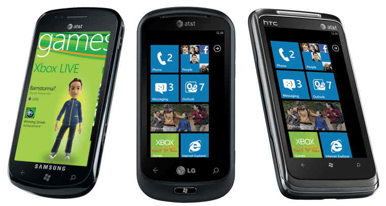 AT&T will launch Windows Phone 7 withthree separate models. From left to right, Samsung Focus, LG Quantum and HTC Surround.