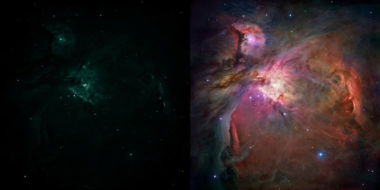 These side-by-side images show the Orion Nebula as it would look to the human eye through a telescope (left image) and how it looks to a digital camera through a telescope once the image undergoes additional processing (right). 