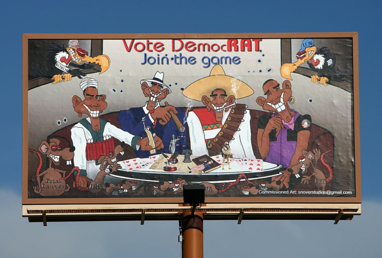 Image: a colorful billboard depicting US President Barack Obama as a suicide bomber, a gangster, a Mexican bandit and a gay