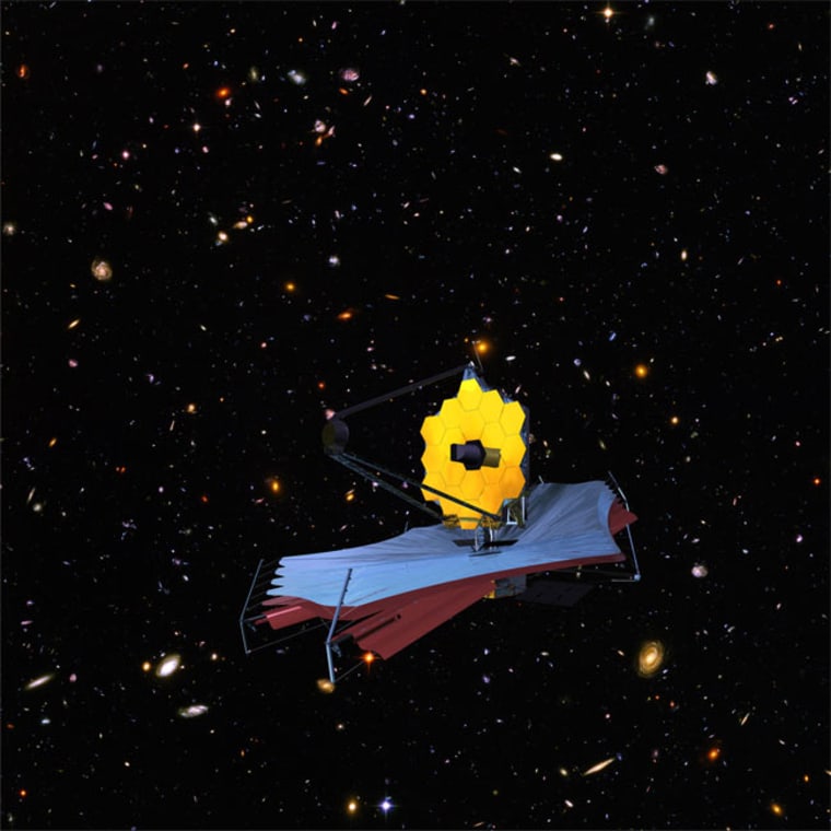 The JWST space observatory will consist of a telescope and its four associated scientific instruments, along with the giant sun shield (shown in blue).