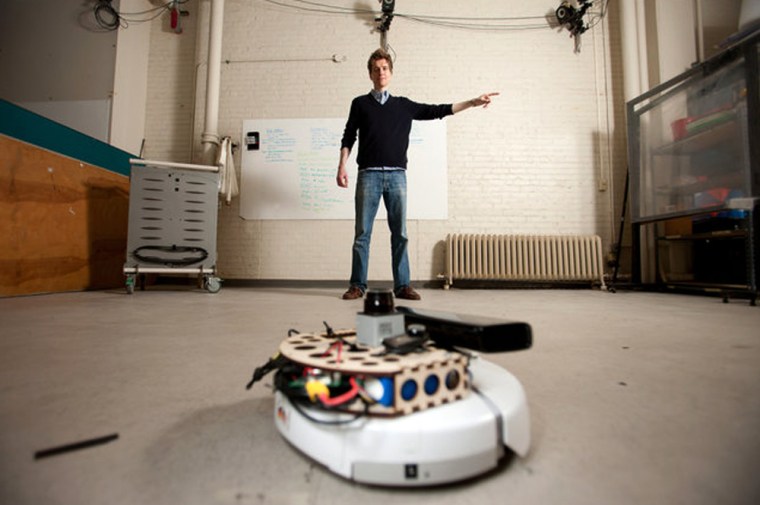 Philipp Robbel combined an iRobot device and the new Microsoft controller that can recognize gestures. He calls it the KinectBot.