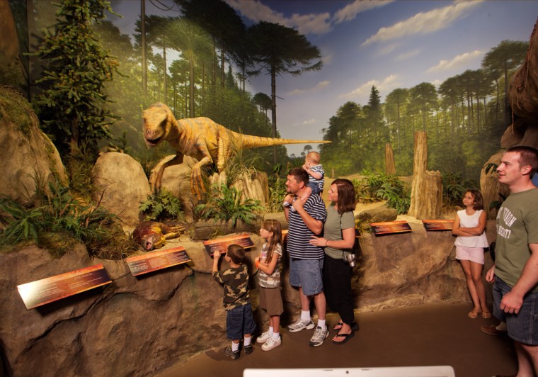 Creation Museum guests observe the life-size, animatronic Utahraptor, a velociraptor-type dinosaur whose remains were discovered in Utah in 1993. 