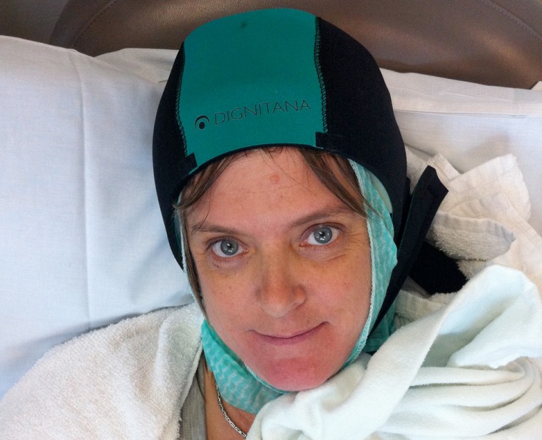 Image: Cancer patient Heather Millar wearing cooling cap during chemo