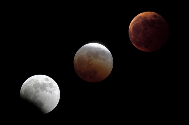 Image: three shots of moon during total eclipse