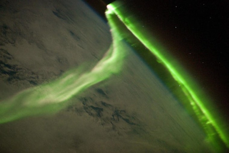 This striking aurora image was taken during a geomagnetic storm most likely caused by a coronal mass ejection from the sun on May 24. The ISS was located over the Southern Indian Ocean. 