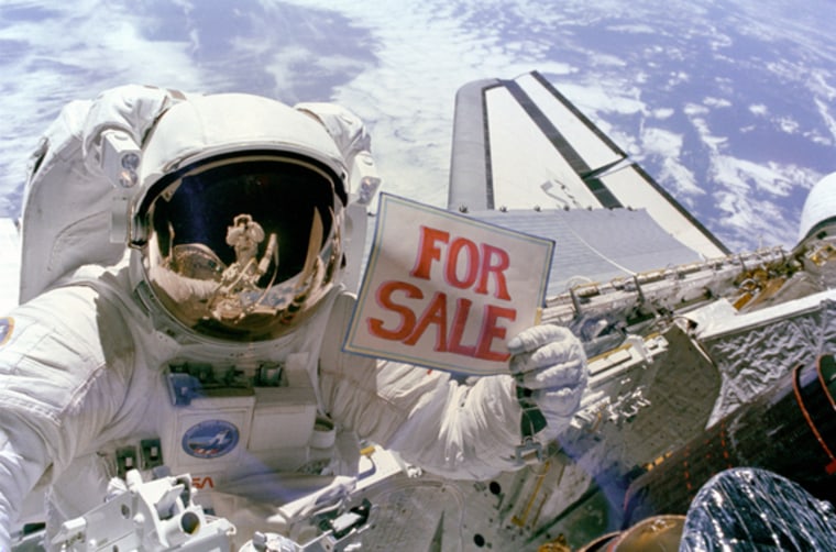 Although astronaut Dale A. Gardner was just having some fun when this photo was taken on a Discovery mission in 1984, NASA may soon hang out a sale sign to get financing for its Mars mission. Gardner, having just completed the major portion of his second extravehicular activity  period in three days, held up the "for sale" sign referring to the two satellites, Palapa B-2 and Westar 6, that were retrieved from orbit after their Payload Assist Modules failed to fire.