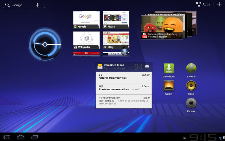 Image: Screenshot of Android Honeycomb tablet home screen