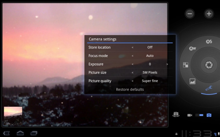 Image: screenshot of Android Honeycomb camera screen