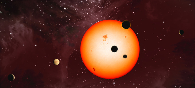 An artist's illustration of the extrasolar planets discovered around the star Kepler-11 by NASA's Kepler Space Telescope.
