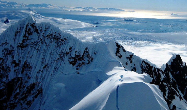 Gerlache Strait, the area along the Antarctic Peninsula where scientists studied sea temperatures, is seen from Cayley Glacier. 