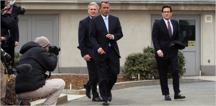 Image: Representatives, from left, Kevin McCarthy, John A. Boehner and Eric Cantor, after a lunch on Wednesday at the White House.