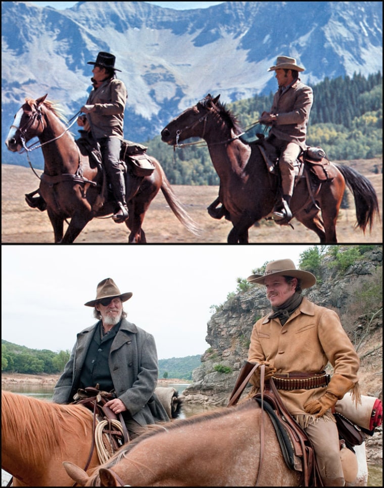 (Top, L-R) Marshall Reuben J. 'Rooster' Cogburn, played by John Wayne and La Boeuf played by Glen Campbell in the 1969 movie, 'True Grit.