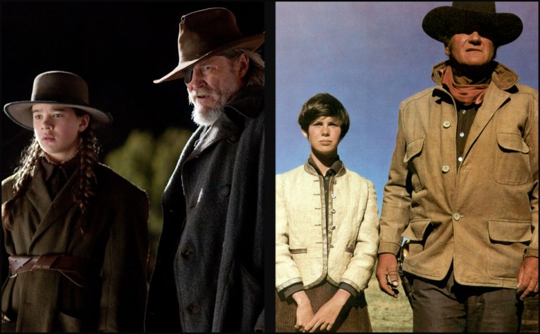 (Left) Marshall Reuben J. 'Rooster' Cogburn playe by John Wayne and Mattie Ross played by Kim Darby in 1969' True Grit' (R) Jeff Bridges and Hailee Steinfeld in the 2010 version.