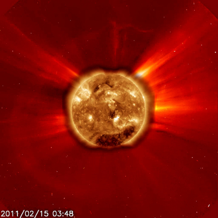 The image of the powerful Class X2 solar flare of Feb. 14, 2011, shows how it appeared to both the Solar Dynamics Observatory in extreme ultraviolet light (center sun disk) and the SOHO's C2 coronagraph. This was the largest flare in more than four years. 