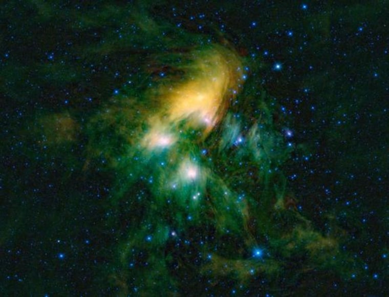 This image shows the Pleiades cluster of stars as seen through the eyes of WISE, or NASA's Wide-field Infrared Survey Explorer. The mosaic contains a few hundred image frames — just a fraction of the more than 1 million WISE captured during its first complete survey of the sky in infrared light.