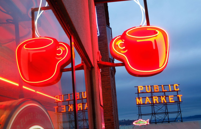 Image: Neon coffee shop sign at Pike's Place Market.