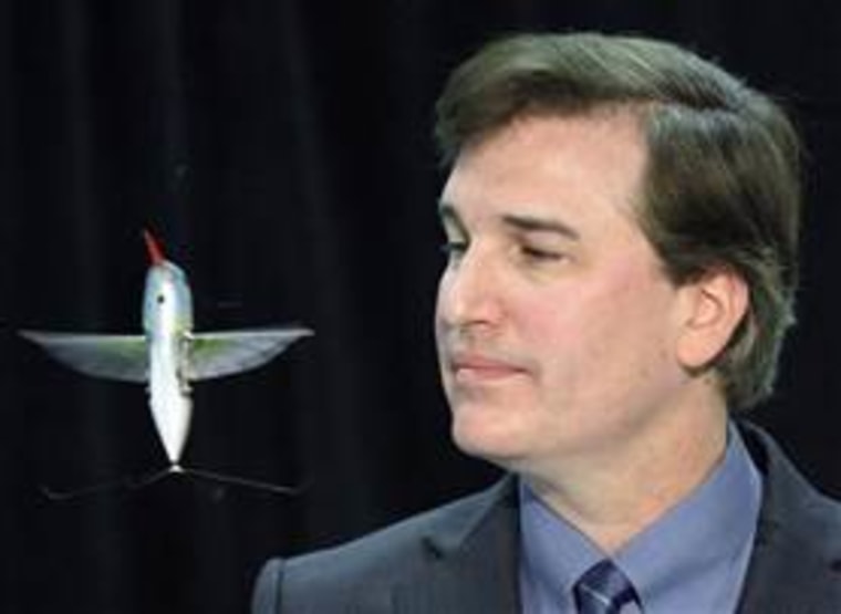 Matt Keennon, program director at AeroVironment, demonstrates a tiny drone aircraft known as the "nano-hummingbird," at the company's facility in Simi Valley, Calif., last week. The remote-controlled hummingbird plane is propelled only by the flapping of its two wings. It can climb and descend vertically, fly sideways, forward and backward, as well as rotate clockwise and counterclockwise, and hover.