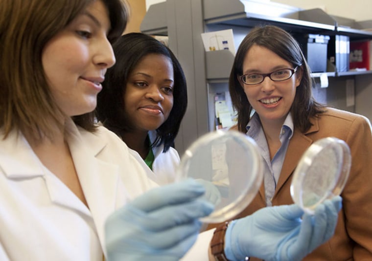 Erica Larschan, right, with her graduate students Marcela Soruco, left, and Jessica Chery, study cultures in a lab at Brown University.