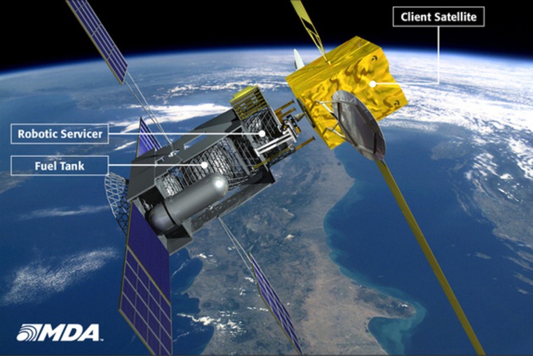An artist's conception of how the SIS mobile space gas station will refuel client satellites in orbit.