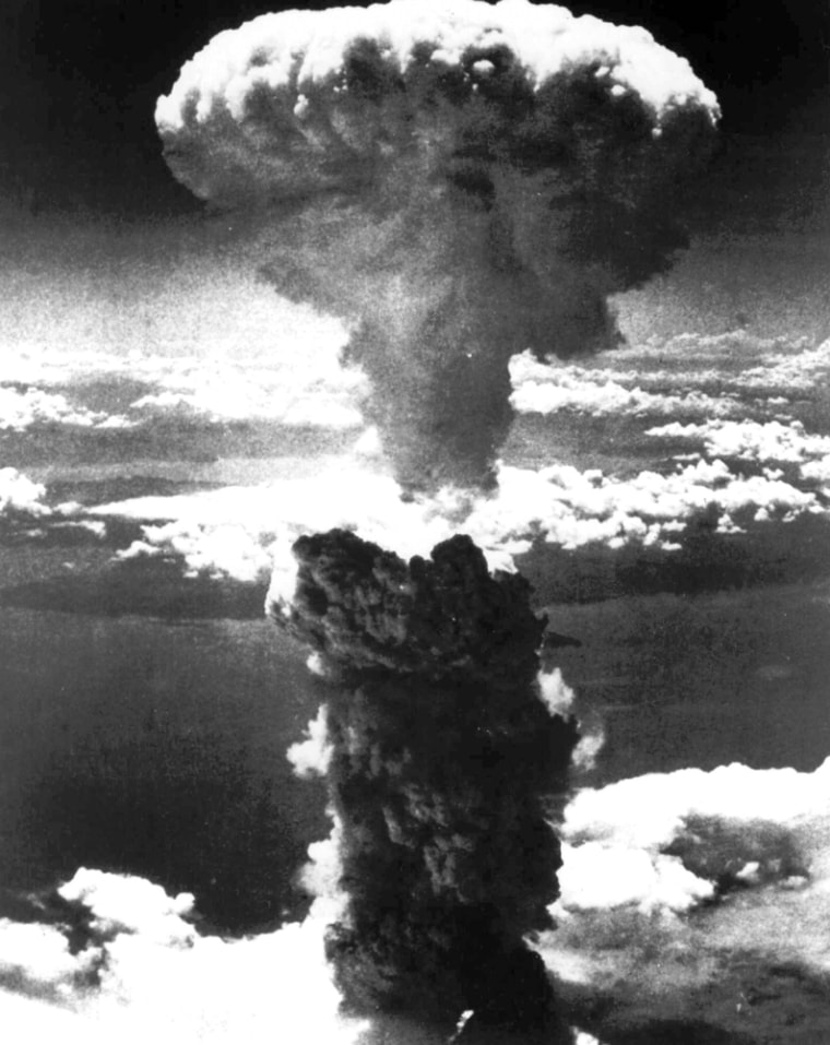 Image: A mushroom cloud rises 20,000 feet over Nagasaki, Japan on Aug. 9, 1945, moments after an atomic bomb was dropped on the city by U.S. forces