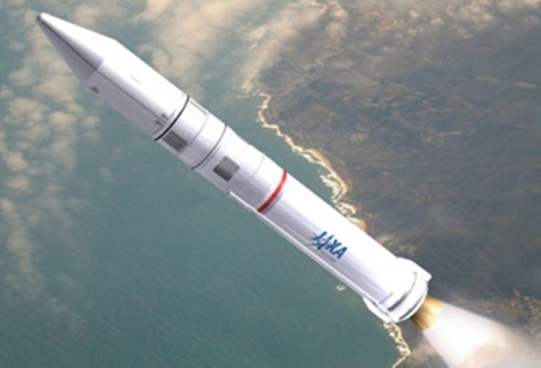 An artist's impression of the Epsilon launch vehicle. The Epsilon, a three-stage, solid-fuel rocket, aims to cut costs and be a smarter, safer way to send satellites aloft.