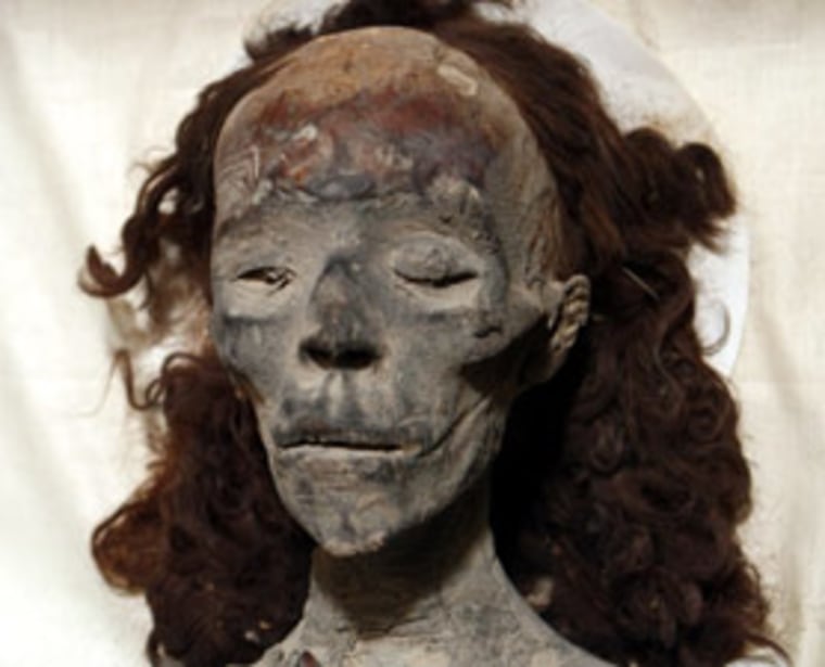 The mummified face of King Tut's grandmother, Queen Tiye. A high-resolution image reveals what may be a wart on her forehead, something not commonly found on the faces of Egyptian mummies. 