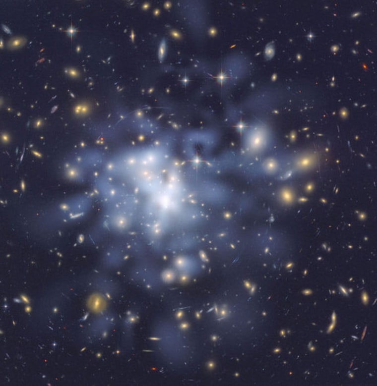 A NASA Hubble Space Telescope image shows the distribution of dark matter in the center of the giant galaxy cluster Abell 1689, containing about 1,000 galaxies and trillions of stars.