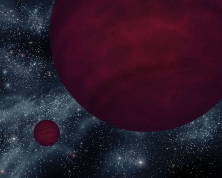 This artist's concept shows the dimmest star-like bodies currently known -- twin brown dwarfs referred to as 2M 0939. The twins, which are about the same size, are drawn as if viewed from one side.

Brown dwarfs are neither planets nor stars. They form like stars out of collapsing clouds of gas and dust, but they don't have enough mass to ignite nuclear burning in their cores and become full-blown stars. They are similar to Jupiter in that they are cool balls of gas, but they are warmer and heavier. Astronomers say that the universe is littered with these cosmic misfits, but because they are so dim, they are hard to find.

NASA's Spitzer Space Telescope is fitted with heat-seeking infrared eyes, which allow it to detect the minute glow of cool objects like brown dwarfs. Data from Spitzer and the Anglo-Australian Observatory in Australia together reveal that both of the brown dwarfs making up 2M 0939 share the title of dimmest known brown dwarfs. Their atmospheres are also among the coolest known for a