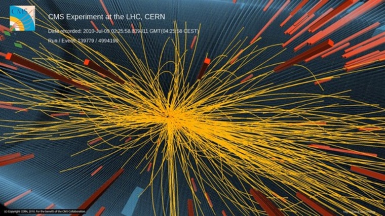 A proton-proton collision at the Large Hadron Collider particle accelerator at CERN laboratory in Geneva that produced more than 100 charged particles.
