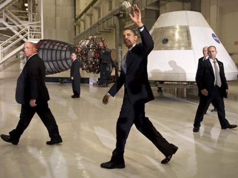 President Barack Obama waves after speaking at the NASA Kennedy Space Center in Cape Canaveral, Fla. on Thursday, April 15, 2010. Obama visited Kennedy to deliver remarks on the bold new course the administration was charting to maintain U.S. leadership in human spaceflight.