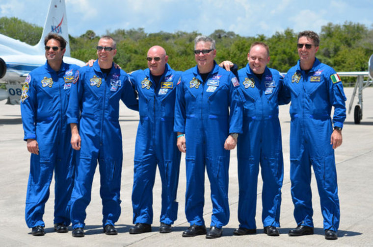 The space shuttle Endeavour's STS-134 crew arrives at NASA's Kennedy Space Center in Florida.