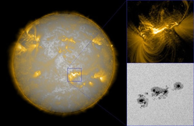 An image of the sun on Feb. 15, 2011, using composite data of the sun's surface from SDO/HMI and the sun's corona from SDO/AIA. The cutout region shows (bottom) the five rotating sunspots of the active region (AR 11158), and (top) the bright release of light from the X-class solar flare. 