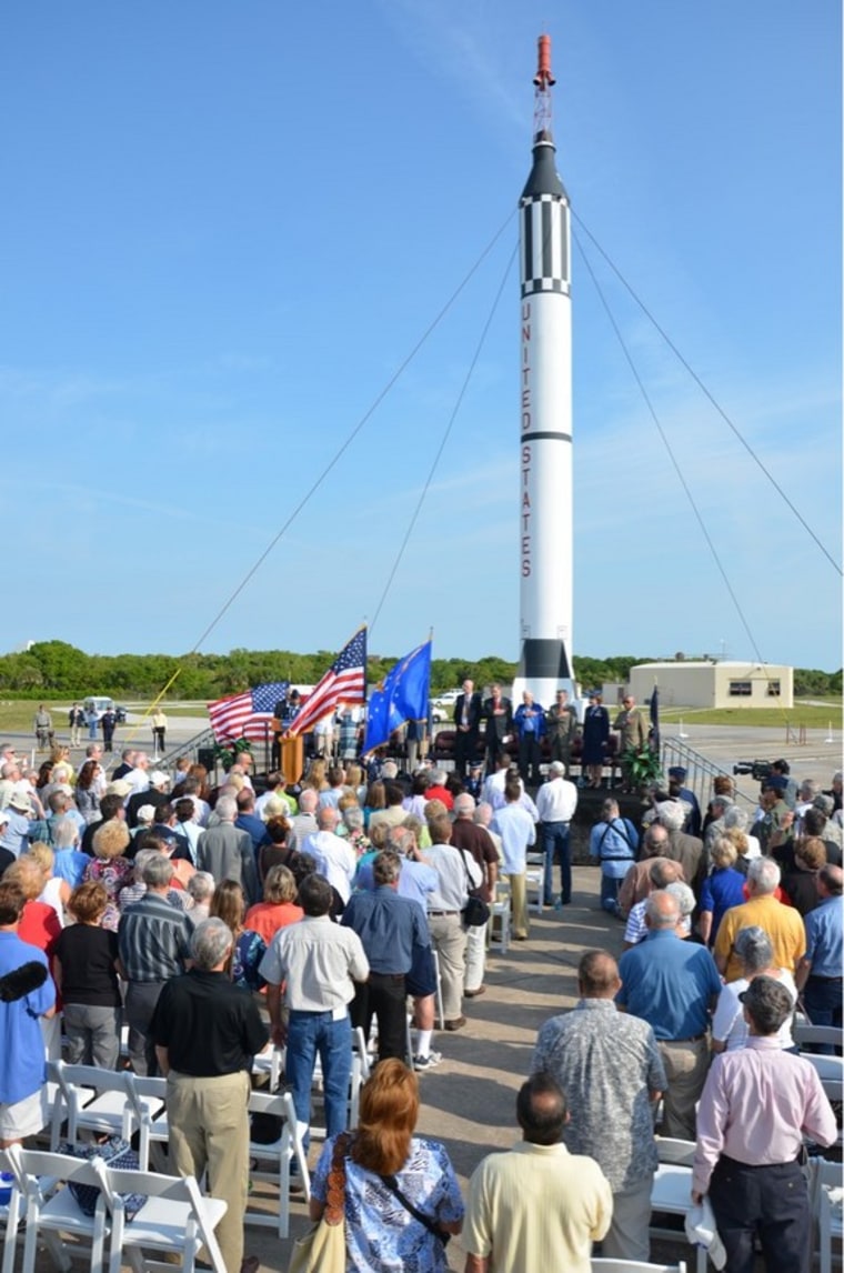 NASA commemorates the 50th anniversary of the first American spaceflight, the Freedom 7 launch of Alan Shepard, with an 80-foot replica of Shepard’s rocket.