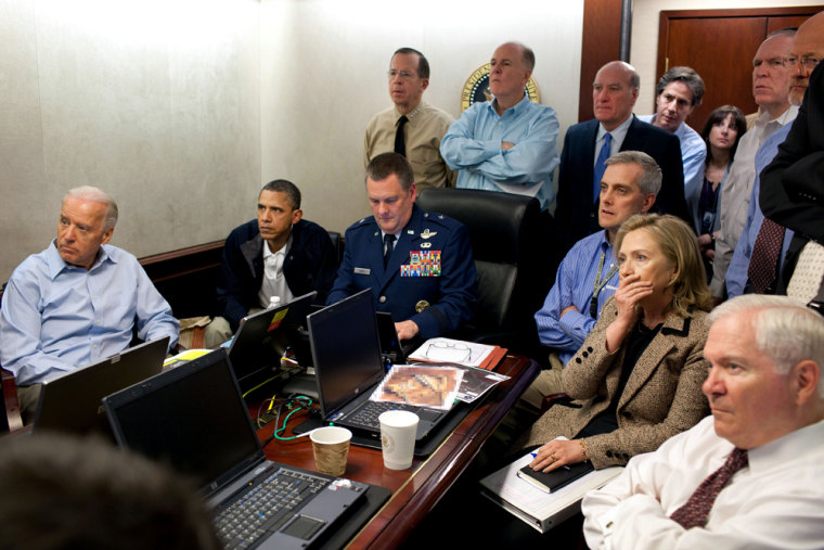 Image: President Barack Obama and Vice President Joe Biden, along with with members of the national security team, receive an update on the mission against Osama bin Laden in the Situation Room of the White House.