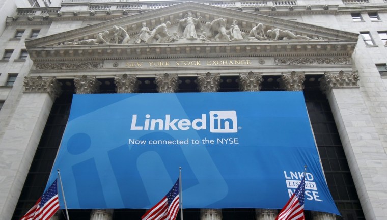Image: Banner announcing Linkedin Inc. listing on the New York Stock Exchange hangs on Exchange in New York