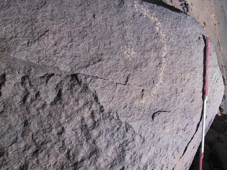 Here is a rock etched with patterns forming a crescent moon and orb, an example of the rock art discovered at Wadi Abu Dom in northern Sudan.